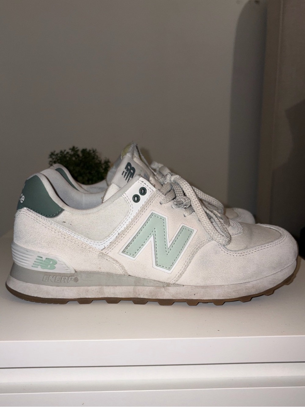 New Balance White with Mint Green 574 Sneakers